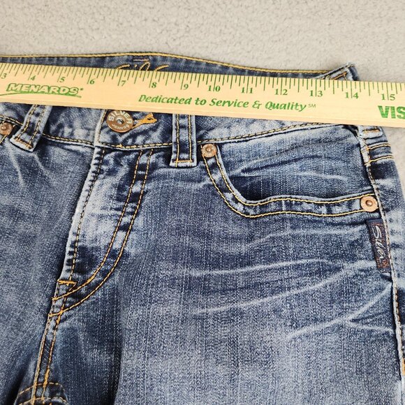 Silver Jeans Women's 29x28 90s Suki Flare Leg Blue Denim Stretch Low Rise Hemmed - Picture 5 of 13